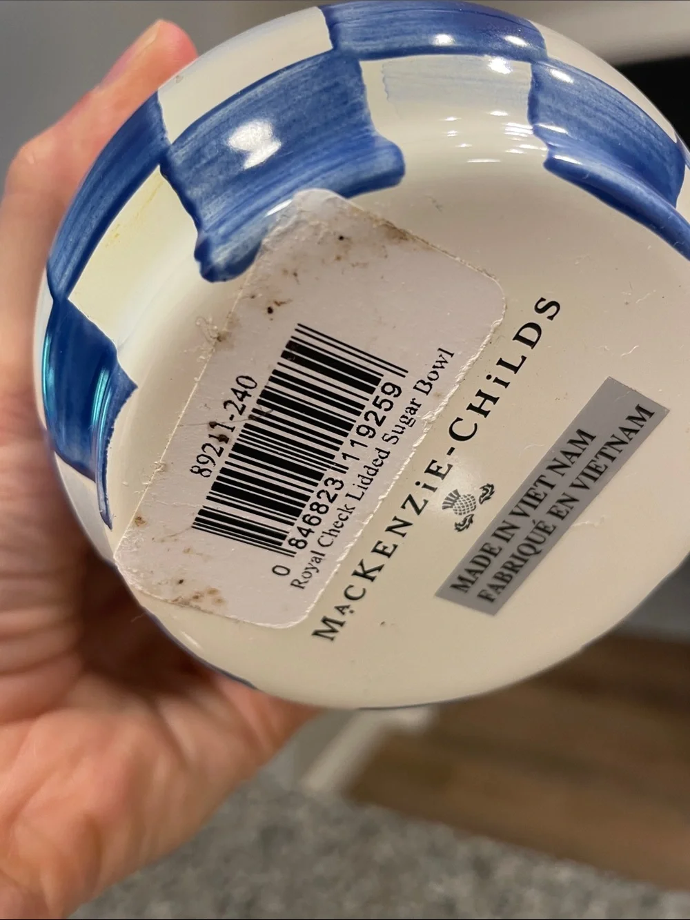 MacKenzie-Childs Blue and Cream Checkered Ceramic Jar